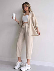 Ava Thornley | Beige Linen Look Shirt And Pants Set For Women