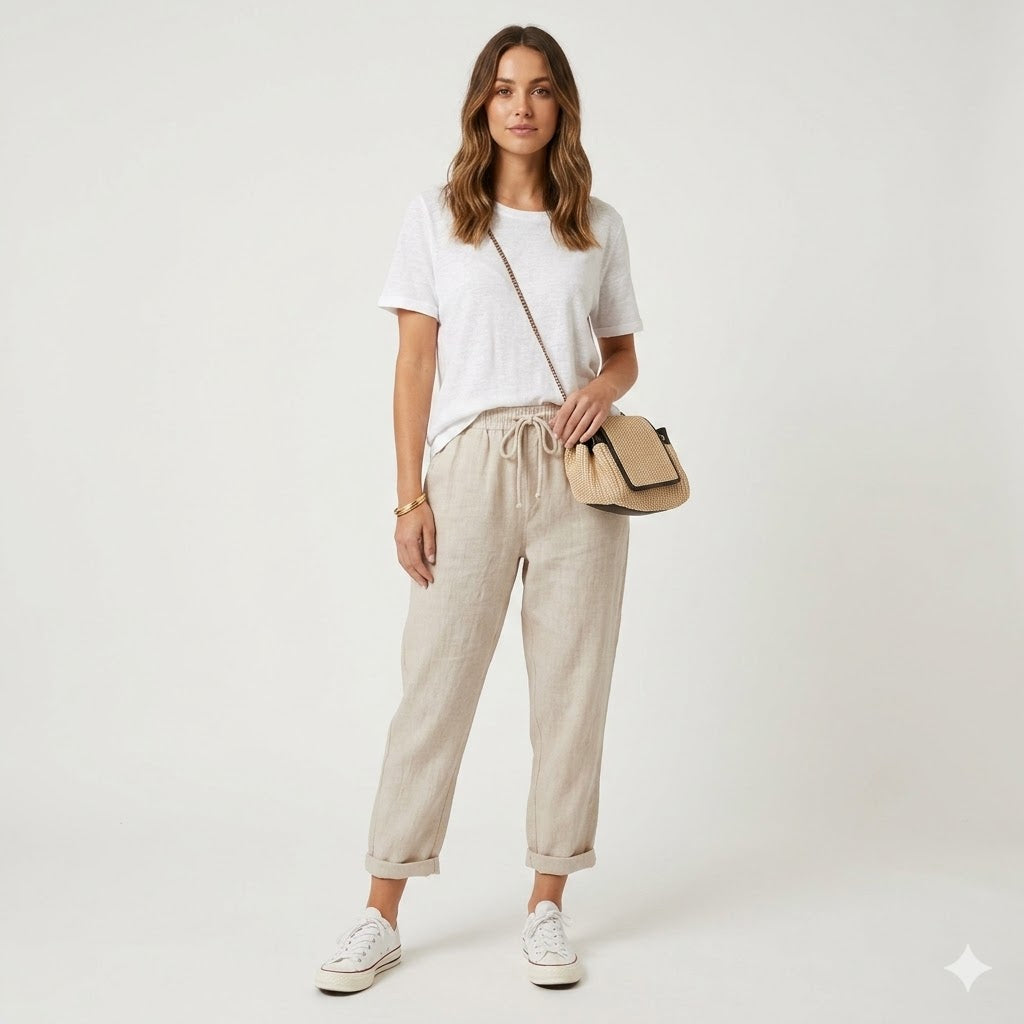 Matteo Ricci | Relaxed Linen Drawstring Trousers with Tapered Fit For Women