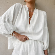 Ornella Hartworth | Tie Neck Top & Ruffle Shorts Summer Set For Women