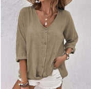 Raissa Loxstone | V-Neck Button Front Linen-Look Blouse For Women