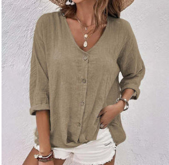 Raissa Loxstone | V-Neck Button Front Linen-Look Blouse For Women