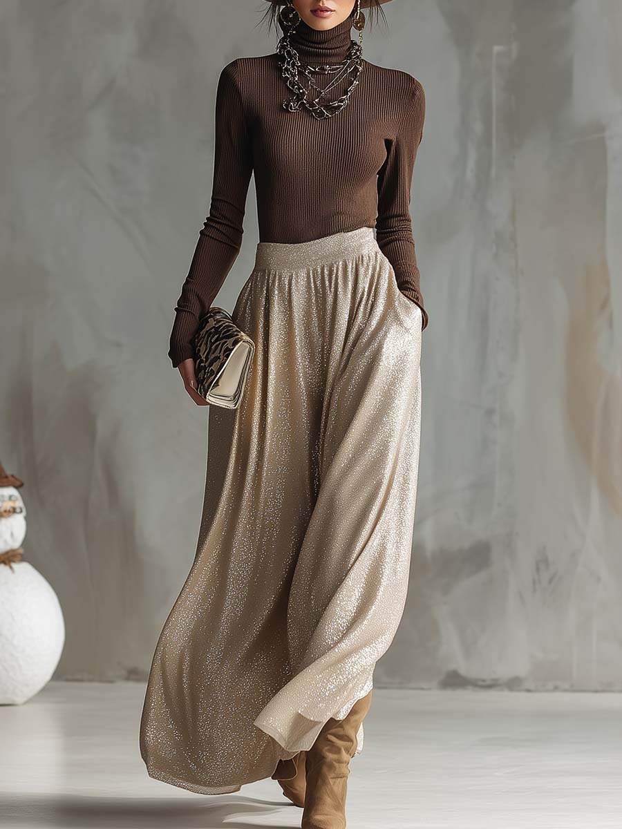 Imogen Pratt | Ribbed Knit Top & Shimmer Skirt Set For Women