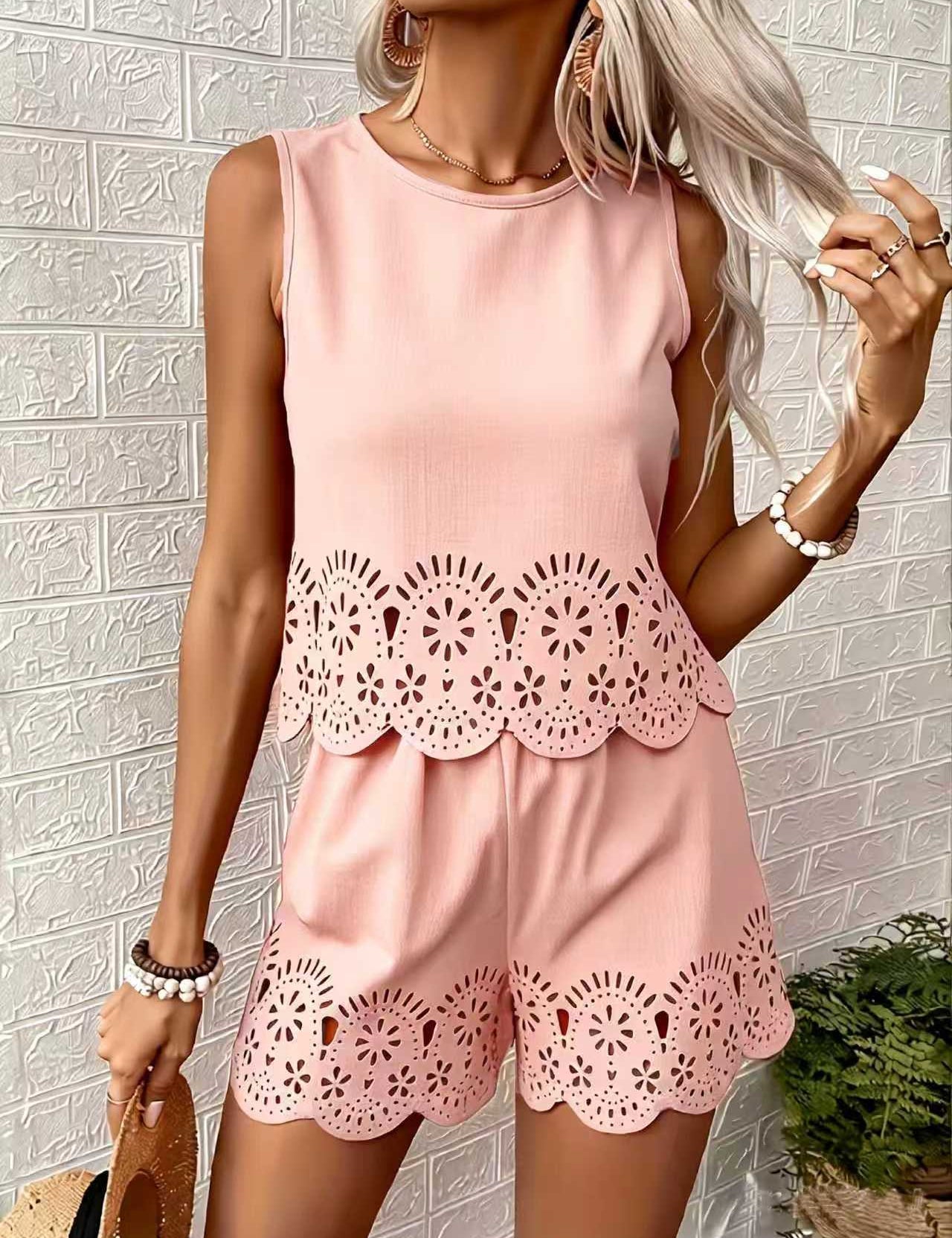 Amelia Rafferty | Eyelet Scallop Crop Tank & Shorts Set For Women — Butter Yellow