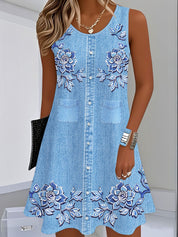 Scarlett Barnes | Denim Floral Print Midi Dress For Women