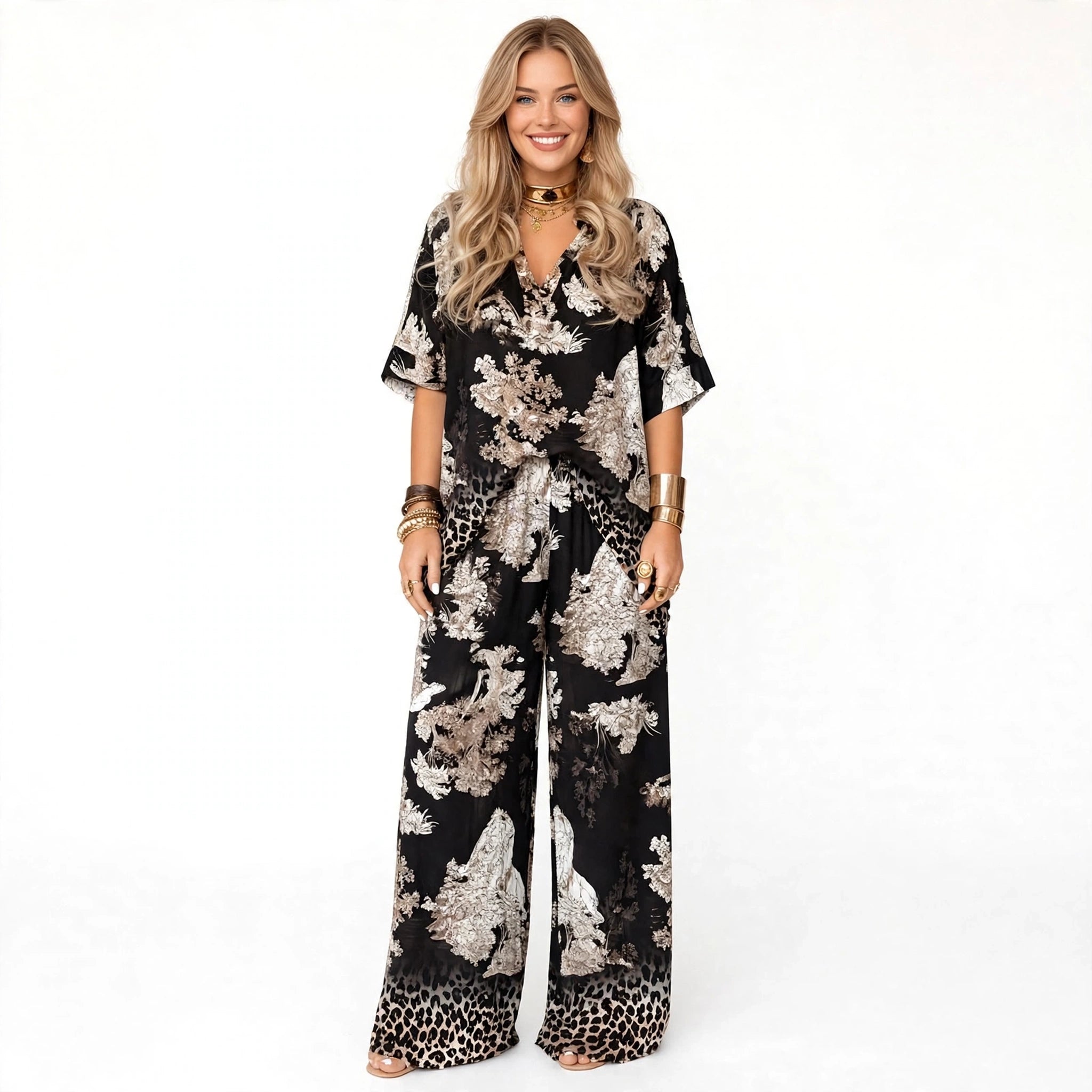 Rosalie Nash | Printed V-Neck Top & Long Pants Set For Women