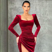 Gwyneth Edgcombe | Black Velvet Square Neck Formal Dress For Women