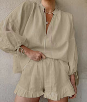 Ornella Hartworth | Tie Neck Top & Ruffle Shorts Summer Set For Women