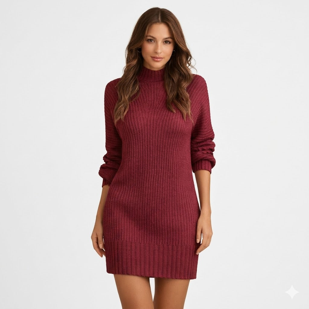 Clara Bellini | Ribbed Turtleneck Knit Mini Dress For Women