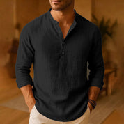 Nico Glenhurst | Sky Blue Linen Look Band Collar Shirt For Men