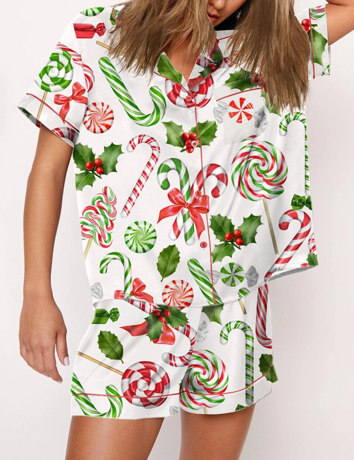 Tinsel Town | Black Candy Cane Print Christmas Pyjamas For Women