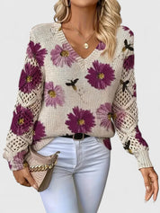 Bianca Laurent | Floral V-Neck Knit Sweater For Women