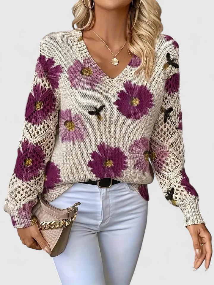 Bianca Laurent | Floral V-Neck Knit Sweater For Women