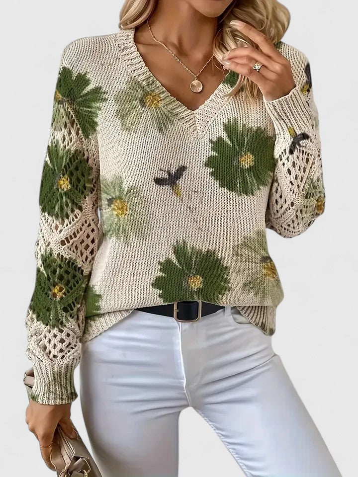 Bianca Laurent | Floral V-Neck Knit Sweater For Women