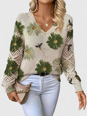 Bianca Laurent | Floral V-Neck Knit Sweater For Women