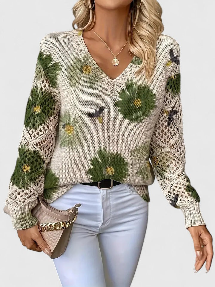 Bianca Laurent | Floral V-Neck Knit Sweater For Women