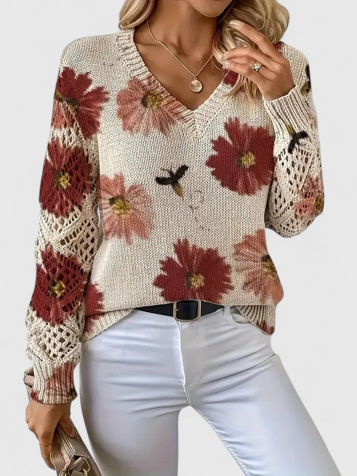 Bianca Laurent | Floral V-Neck Knit Sweater For Women
