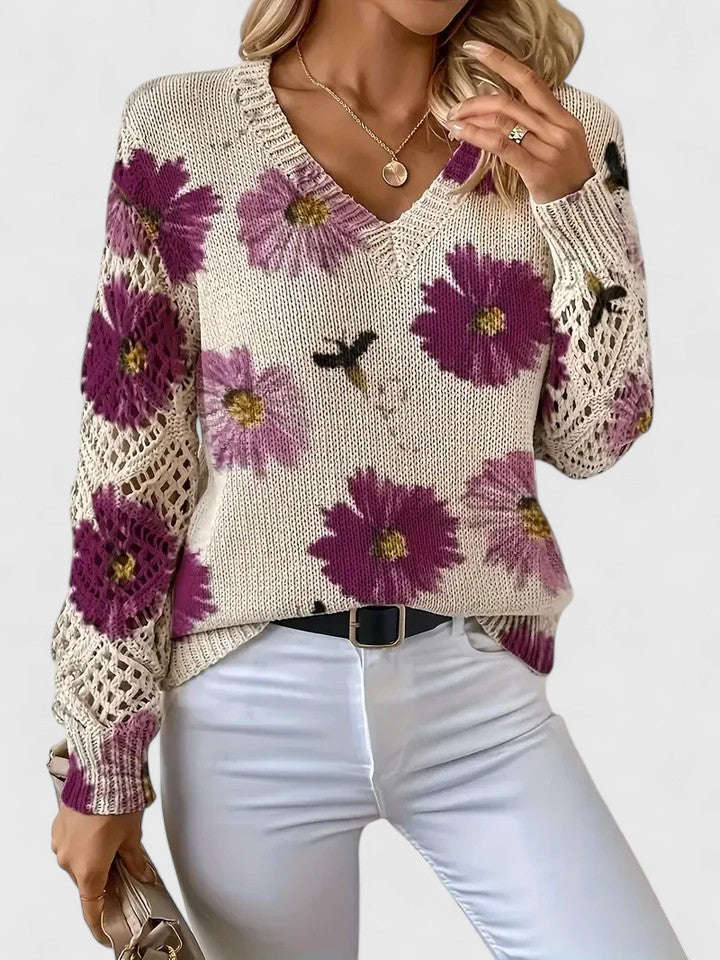 Bianca Laurent | Floral V-Neck Knit Sweater For Women