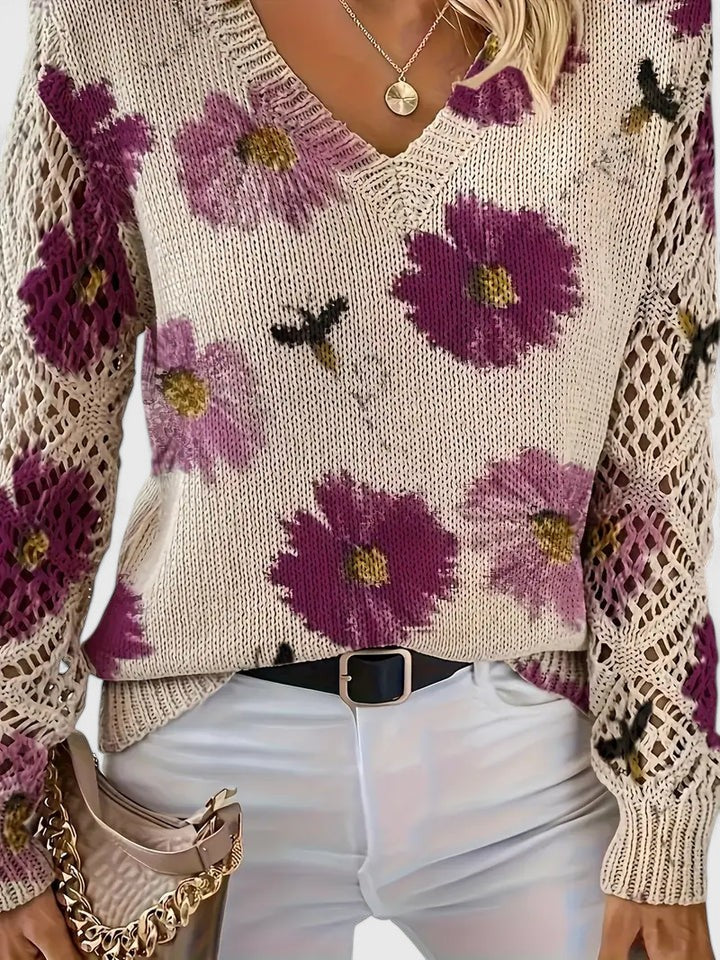 Bianca Laurent | Floral V-Neck Knit Sweater For Women
