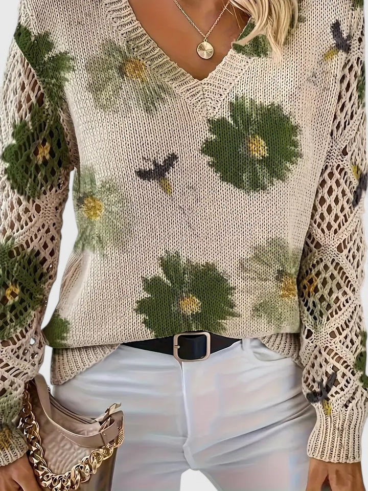 Bianca Laurent | Floral V-Neck Knit Sweater For Women