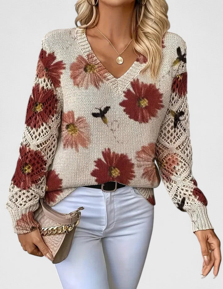 Bianca Laurent | Floral V-Neck Knit Sweater For Women