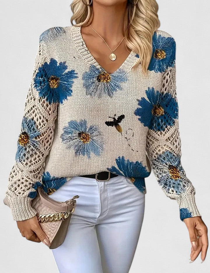 Bianca Laurent | Floral V-Neck Knit Sweater For Women