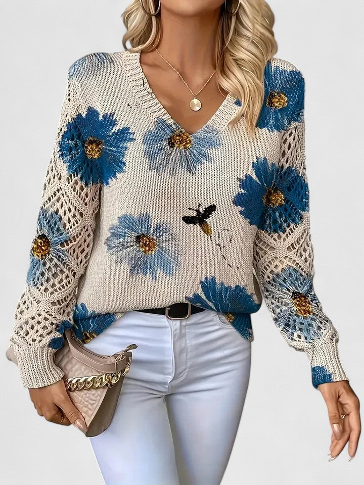 Bianca Laurent | Floral V-Neck Knit Sweater For Women