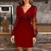 Elisa Aldham | Sequin V-Neck Sheer Sleeve Mini Dress For Women (Christmas / NYE)