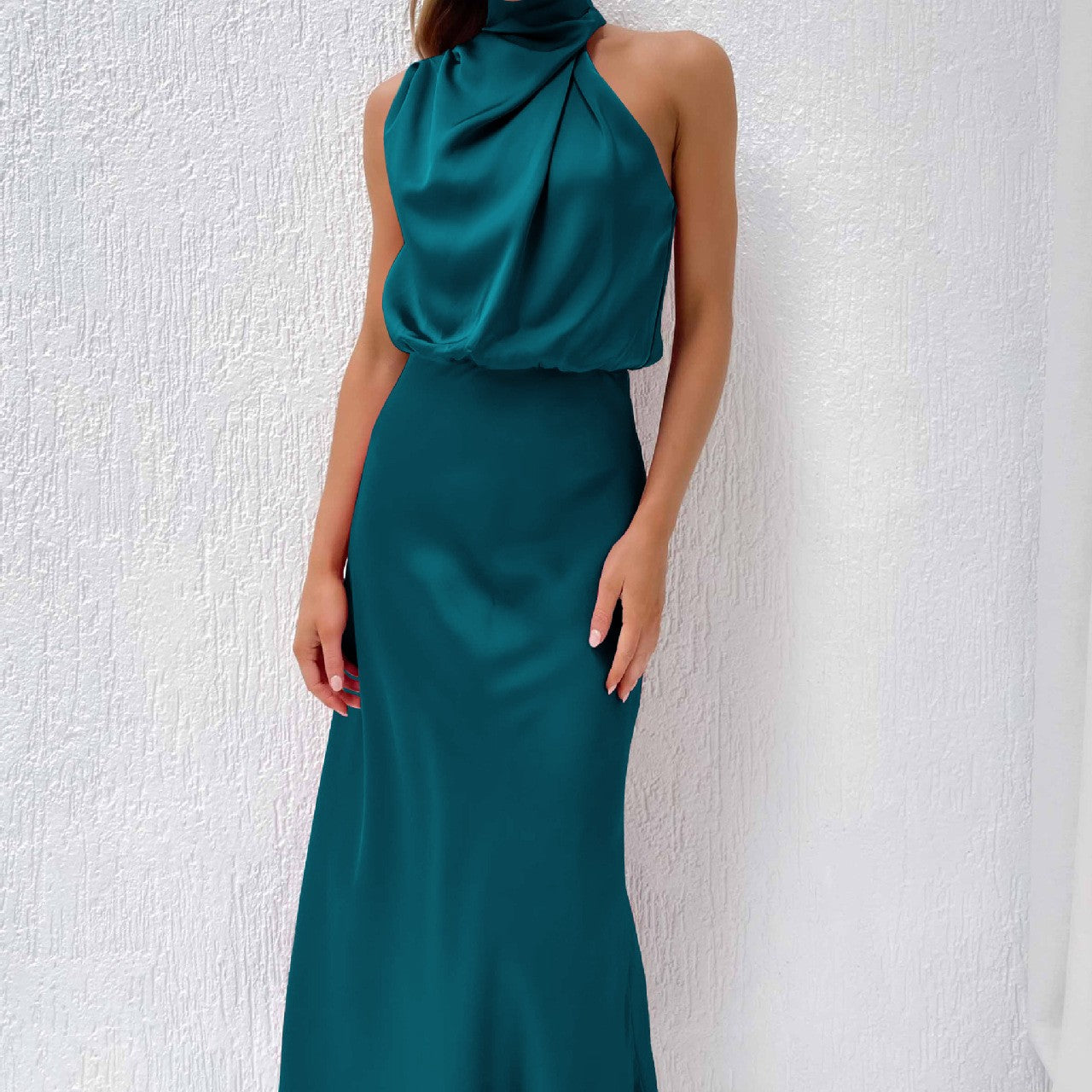 Diletta Ostmore | Draped Halter Neck Satin-Look Maxi Dress For Women