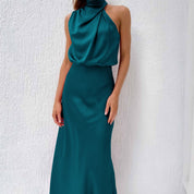 Diletta Ostmore | Draped Halter Neck Satin-Look Maxi Dress For Women