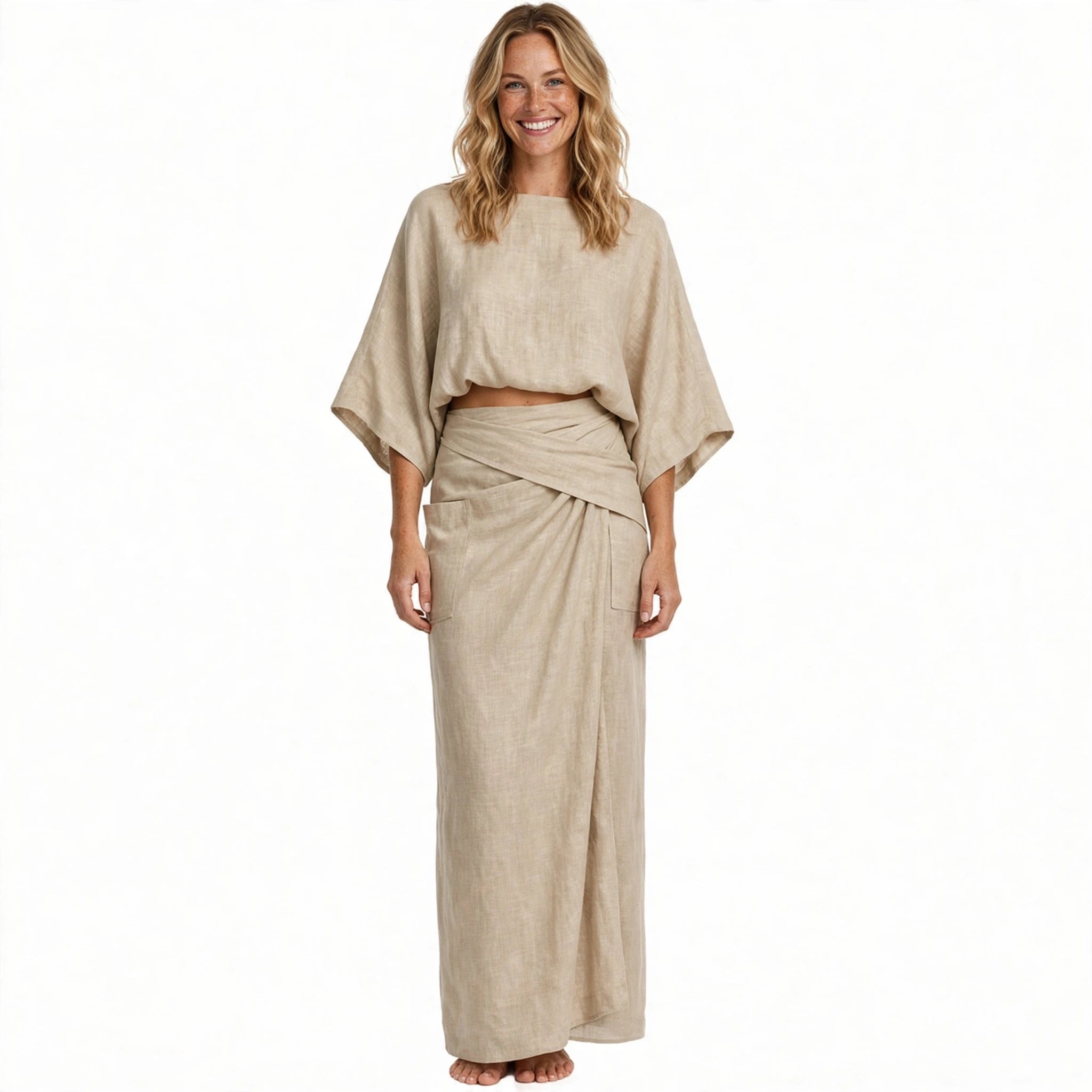 Evie Sherwin | Linen-Blend Batwing Top and Maxi Skirt Set For Women