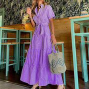 Irma Oakbridge | Striped Tiered Maxi Shirt Dress For Women
