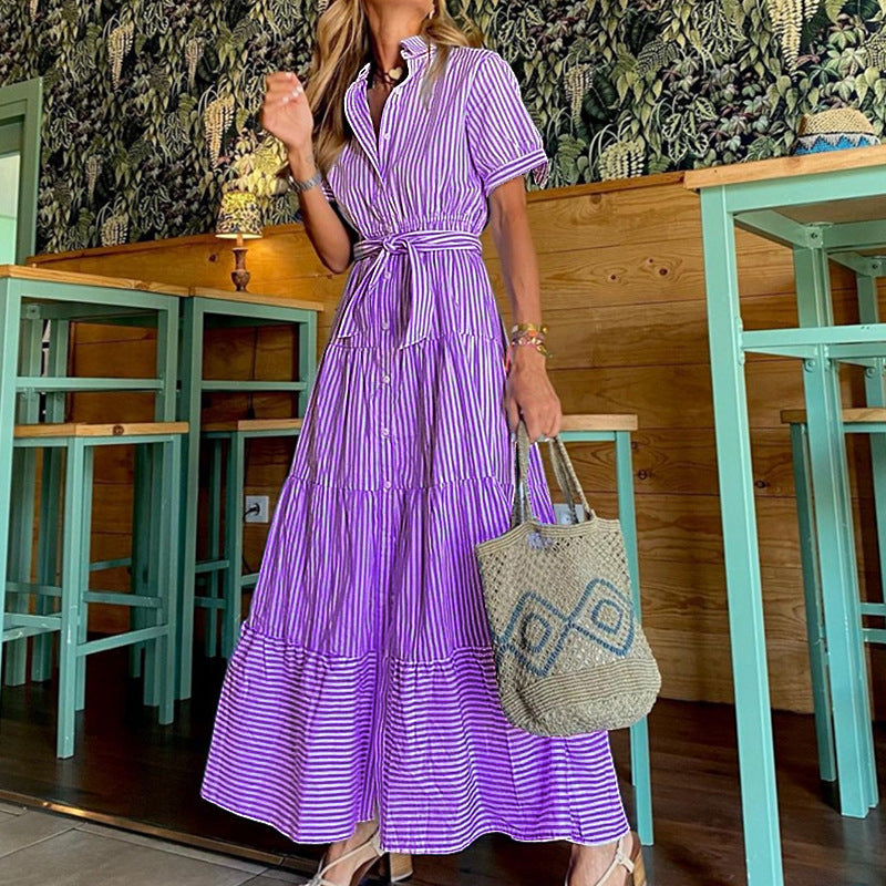 Irma Oakbridge | Striped Tiered Maxi Shirt Dress For Women