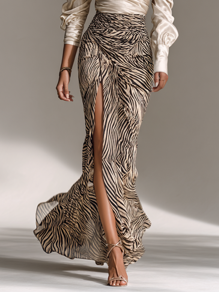 Ava Turner | Satin Off-Shoulder Top With Zebra Print Skirt Set For Women