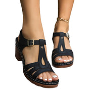 Roberta Levford | T-Strap Cut-Out Block Heel Sandals For Women