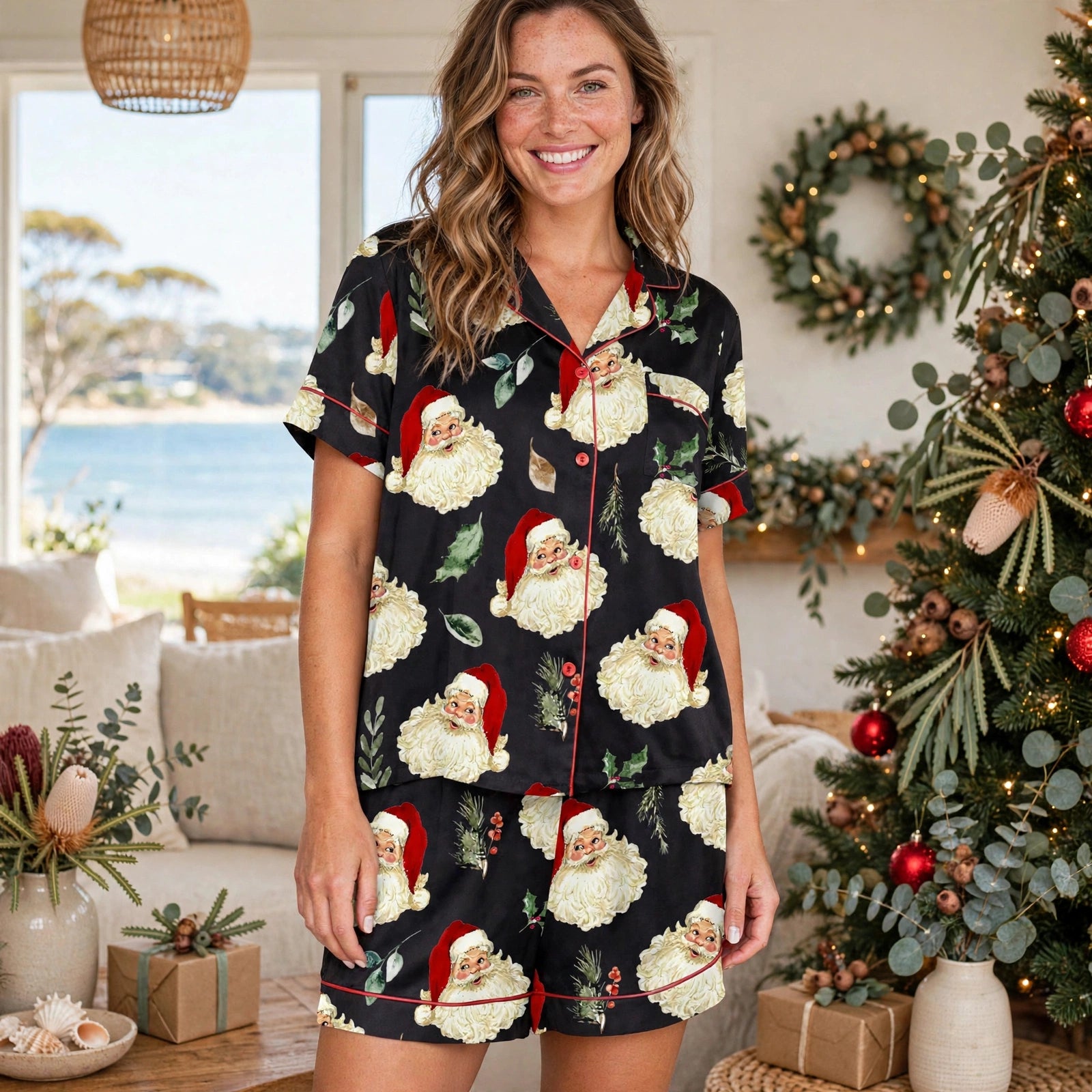 Tinsel Town | Black Candy Cane Print Christmas Pyjamas For Women