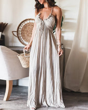Charlotte Ainsley | Beige Pleated Halter Maxi Dress For Women