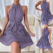 Enid Faldale | Rust Halter Tiered Ruffle Mini Dress For Women
