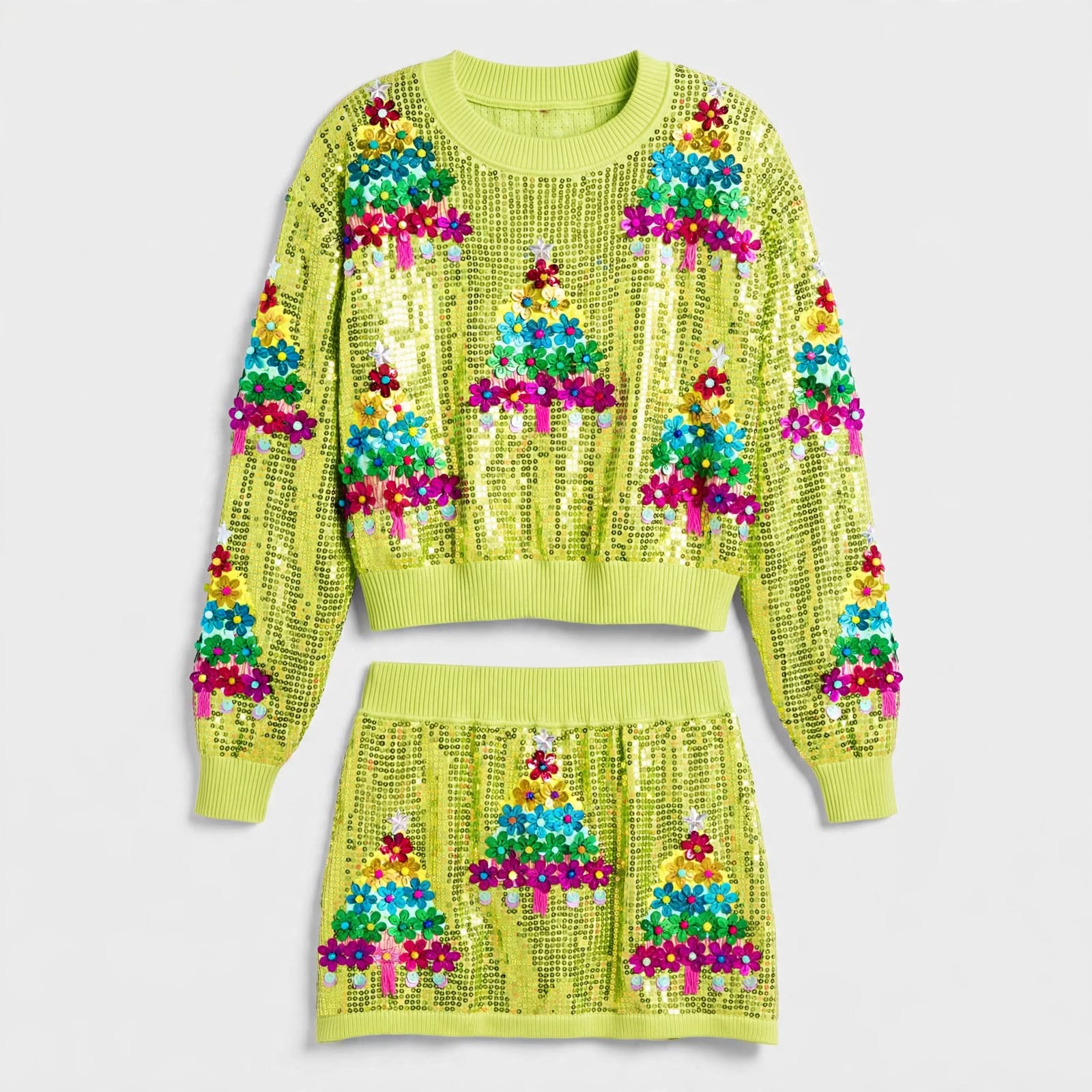 Sparkle | Multicolour Sequin Tree Christmas Two-Piece Set For Women