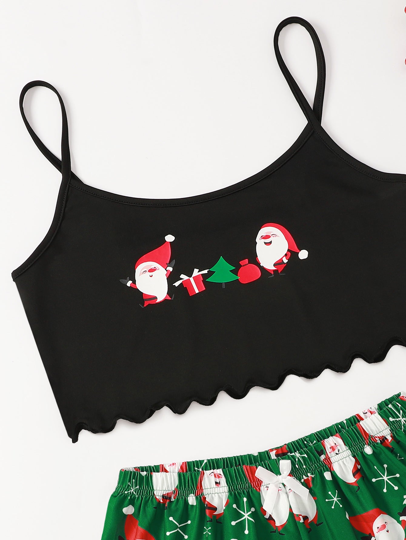 Winter Berry | Black Cami Green Santa Christmas Pyjamas For Women