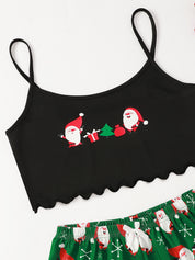Winter Berry | Black Cami Green Santa Christmas Pyjamas For Women