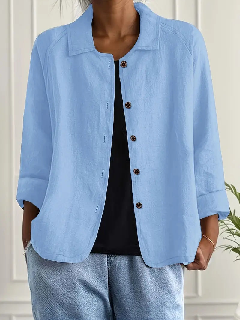 Amélie Rousseau | Sky Breeze Button Linen Jacket with Relaxed Elegance For Women