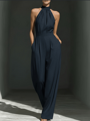 Fabrizia Dunham | Navy Halter Neck Wide-Leg Jumpsuit For Women