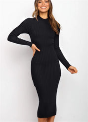 Kerenza Wickcombe | Black Ribbed Knit Backless Midi Dress For Women