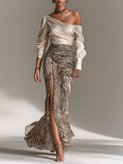 Ava Turner | Satin Off-Shoulder Top With Zebra Print Skirt Set For Women