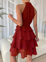 Enid Faldale | Rust Halter Tiered Ruffle Mini Dress For Women