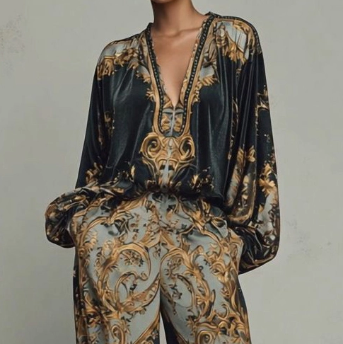 Margot Ashwood | Retro Baroque Print Wide-Leg Set For Women