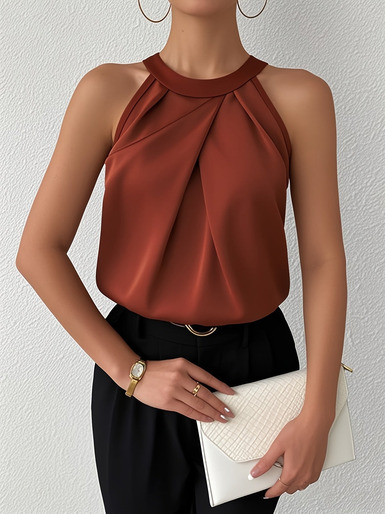 Calla Prescombe | Champagne Satin Pleated Halter Top For Women
