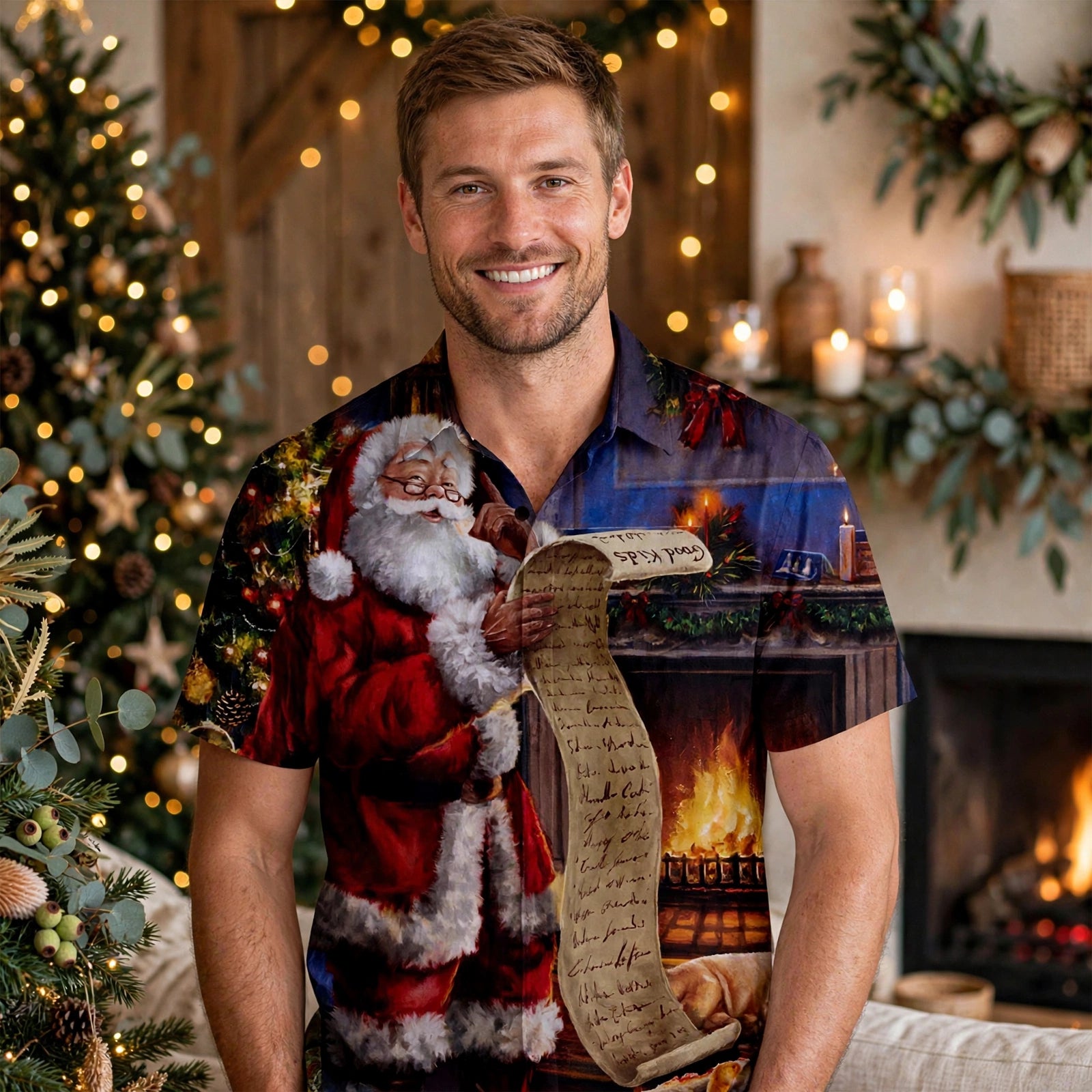 Fireside Glow | Red Santa Claus Print Christmas Shirt For Men
