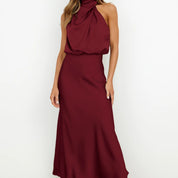 Diletta Ostmore | Draped Halter Neck Satin-Look Maxi Dress For Women