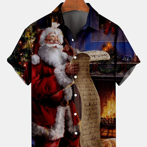 Fireside Glow | Red Santa Claus Print Christmas Shirt For Men